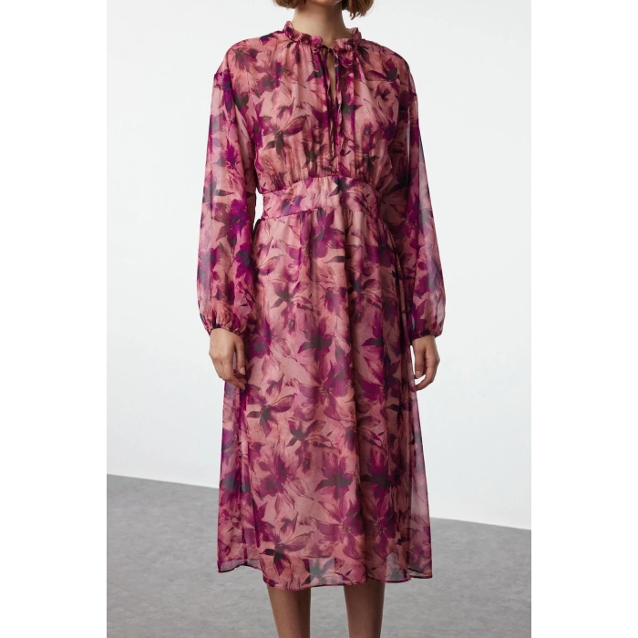 Womens Midi Length Crew Neck Regular Animal Patterned Skirt Opening at Waist Lined Woven Winter Dress