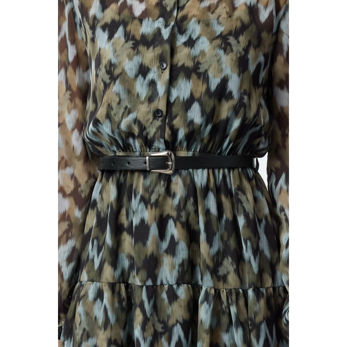 Womens Mini Length Regular Abstract Patterned Belted Skirt Opening at Waist Lined Chiffon Woven Dress