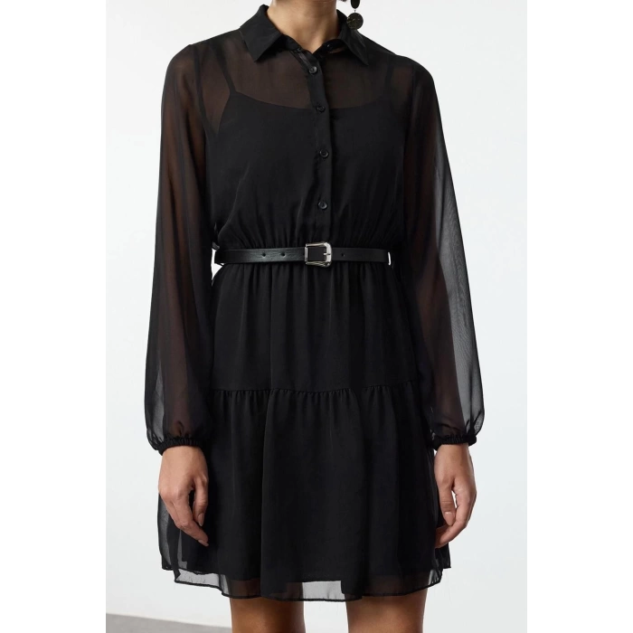 Womens Mini Length Regular Abstract Patterned Belted Skirt Opening at Waist Lined Chiffon Woven Dress