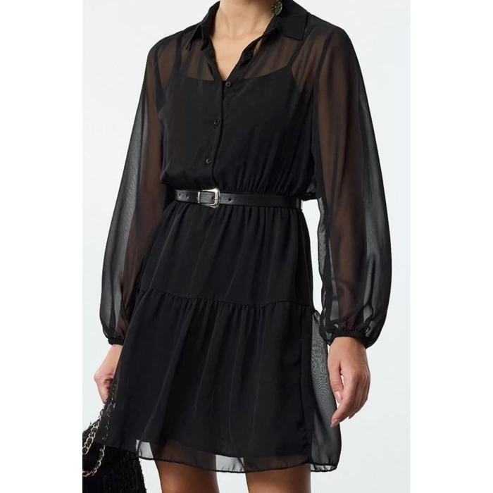 Womens Mini Length Regular Abstract Patterned Belted Skirt Opening at Waist Lined Chiffon Woven Dress