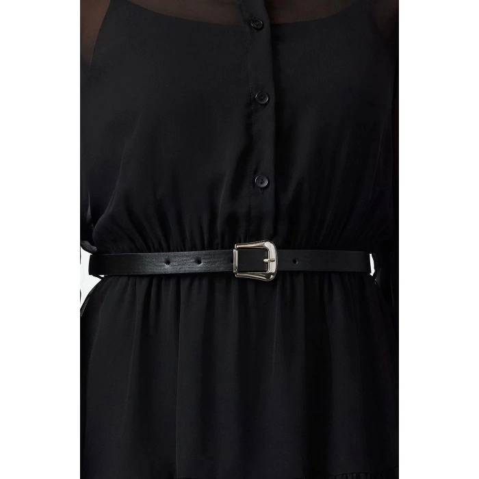 Womens Mini Length Regular Abstract Patterned Belted Skirt Opening at Waist Lined Chiffon Woven Dress