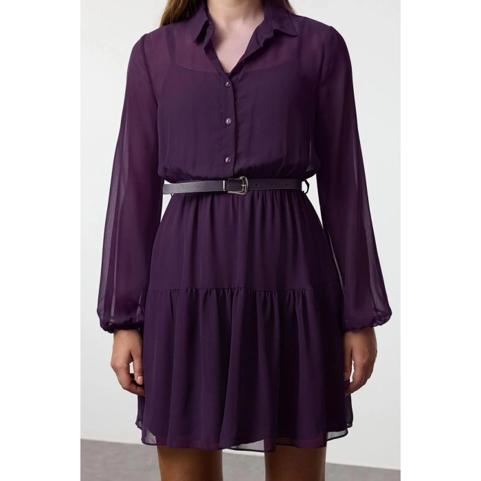 Womens Mini Length Regular Abstract Patterned Belted Skirt Opening at Waist Lined Chiffon Woven Dress
