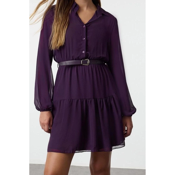 Womens Mini Length Regular Abstract Patterned Belted Skirt Opening at Waist Lined Chiffon Woven Dress