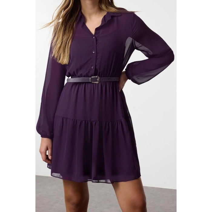 Womens Mini Length Regular Abstract Patterned Belted Skirt Opening at Waist Lined Chiffon Woven Dress
