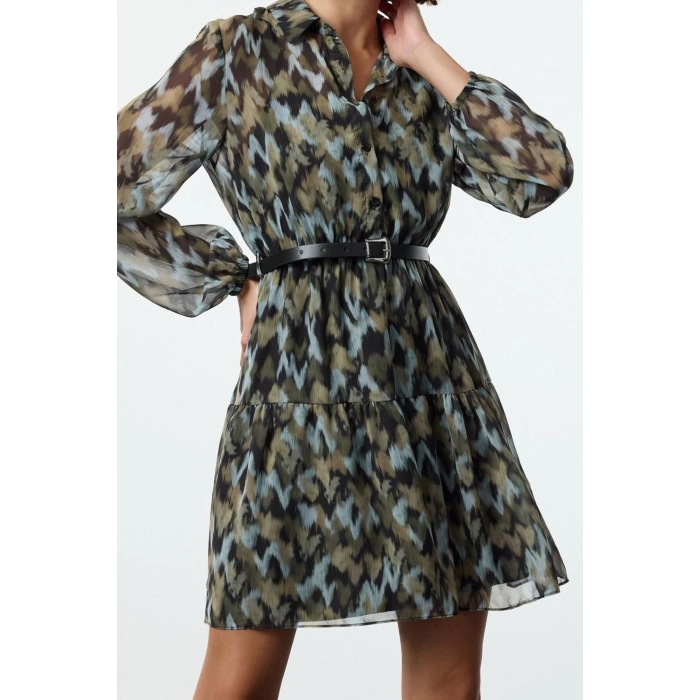 Womens Mini Length Regular Abstract Patterned Belted Skirt Opening at Waist Lined Chiffon Woven Dress