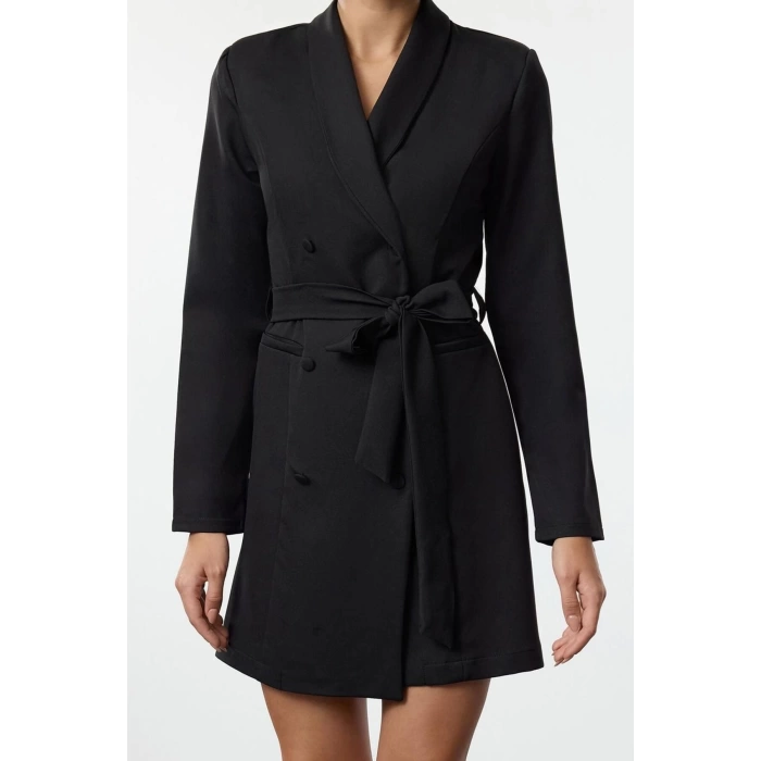 Women Fashion Stylish Mini Length Jacket Collar Regular Belted Shawl Collar Woven Jacket Dress