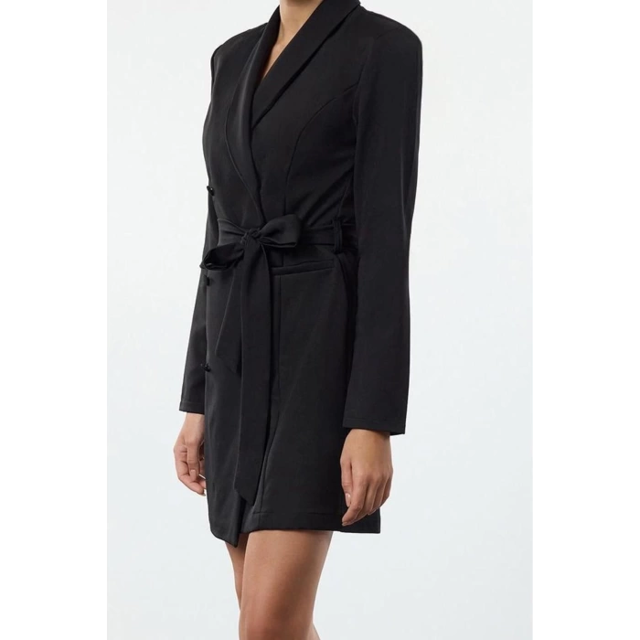 Women Fashion Stylish Mini Length Jacket Collar Regular Belted Shawl Collar Woven Jacket Dress