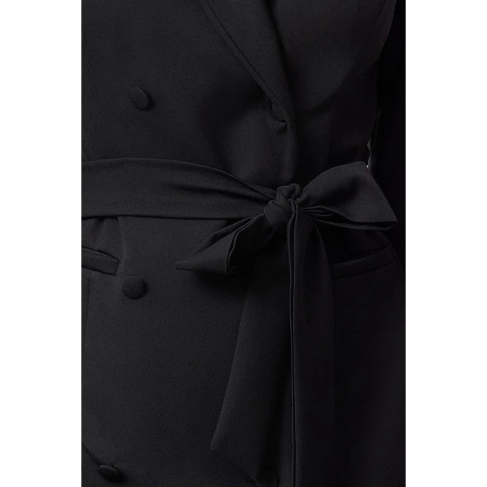 Women Fashion Stylish Mini Length Jacket Collar Regular Belted Shawl Collar Woven Jacket Dress