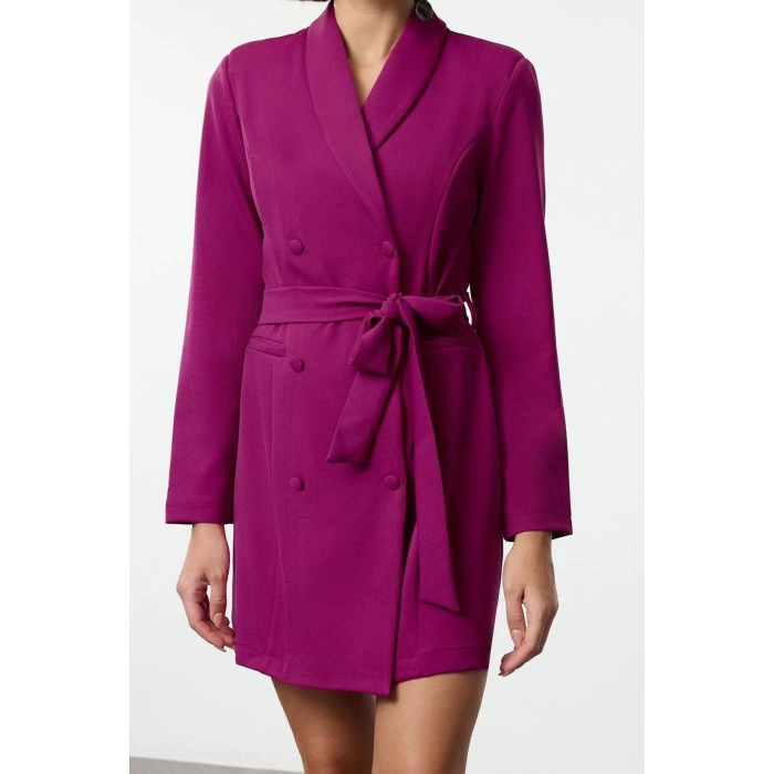 Women Fashion Stylish Mini Length Jacket Collar Regular Belted Shawl Collar Woven Jacket Dress