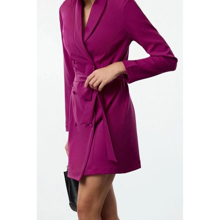 Women Fashion Stylish Mini Length Jacket Collar Regular Belted Shawl Collar Woven Jacket Dress