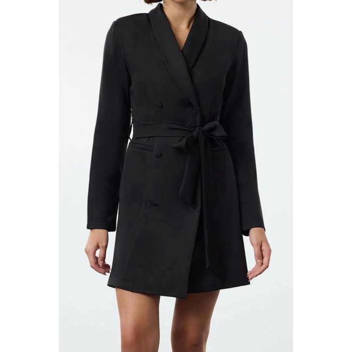 Women Fashion Stylish Mini Length Jacket Collar Regular Belted Shawl Collar Woven Jacket Dress