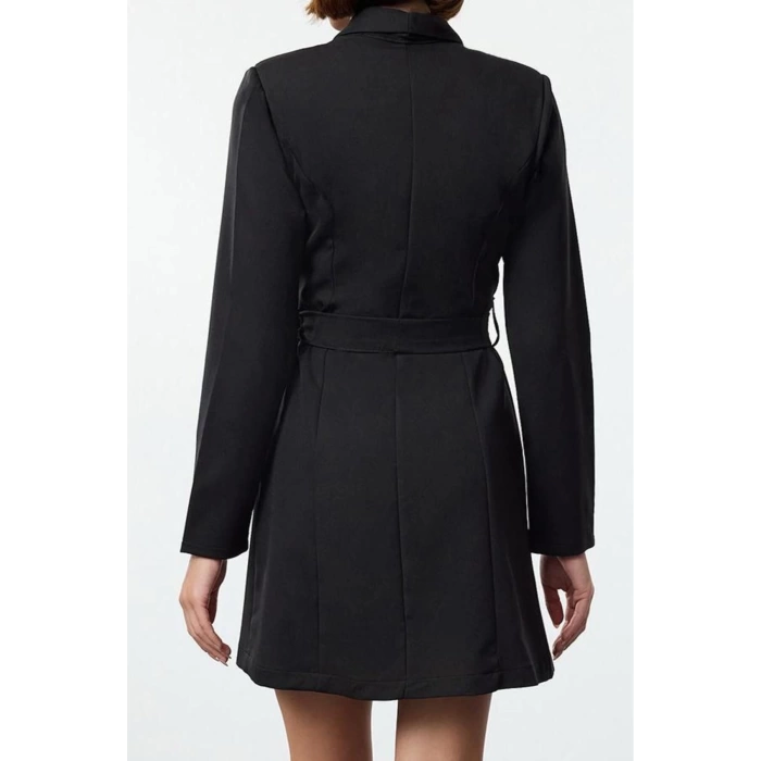 Women Fashion Stylish Mini Length Jacket Collar Regular Belted Shawl Collar Woven Jacket Dress