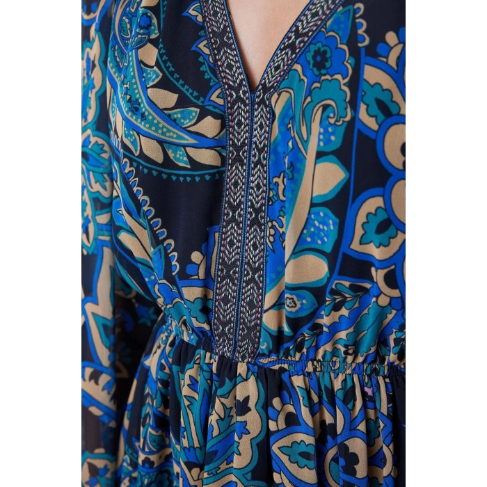 Women Fashion Stylish Mini Length V Neck Regular Floral Woven Dress