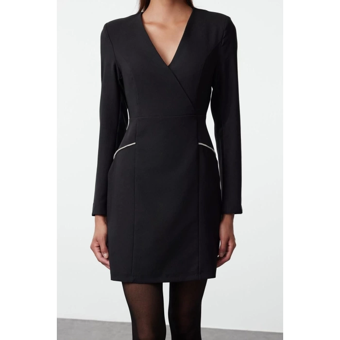 Women Fashion Stylish Mini Length Double Breasted Fitted Body-Smooth Stone Stripe Detailed Woven Dress