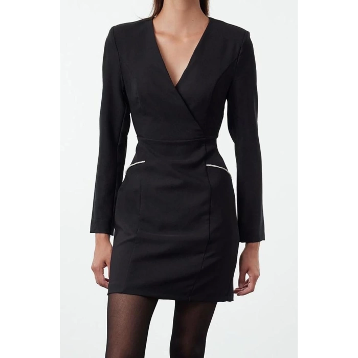 Women Fashion Stylish Mini Length Double Breasted Fitted Body-Smooth Stone Stripe Detailed Woven Dress