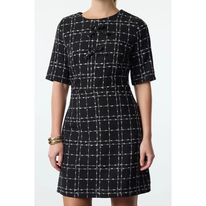 Women Fashion Stylish Mini Length Crew Neck Regular Plaid A Cut Bow Detailed Woven Tweed Dress