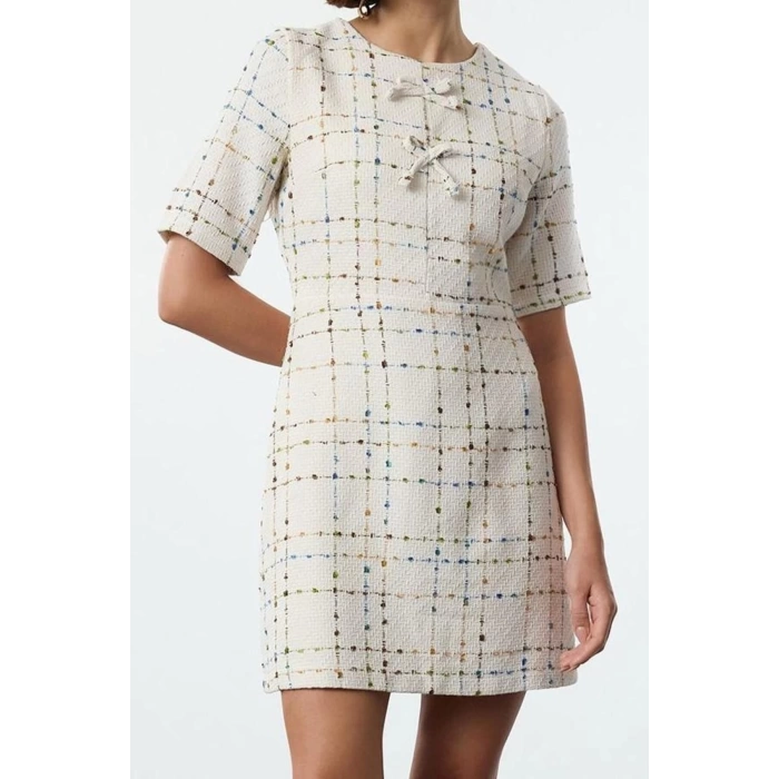 Women Fashion Stylish Mini Length Crew Neck Regular Plaid A Cut Bow Detailed Woven Tweed Dress