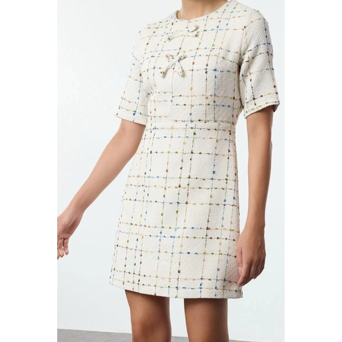 Women Fashion Stylish Mini Length Crew Neck Regular Plaid A Cut Bow Detailed Woven Tweed Dress