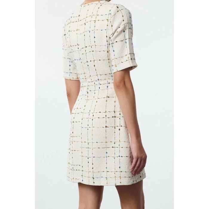 Women Fashion Stylish Mini Length Crew Neck Regular Plaid A Cut Bow Detailed Woven Tweed Dress