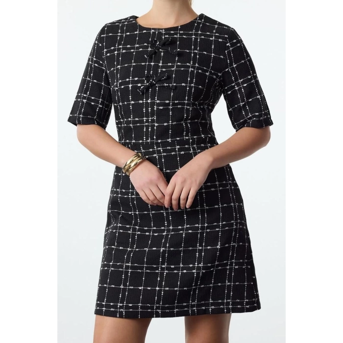 Women Fashion Stylish Mini Length Crew Neck Regular Plaid A Cut Bow Detailed Woven Tweed Dress