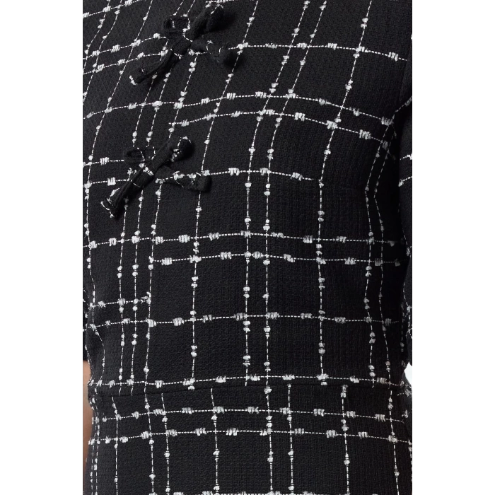 Women Fashion Stylish Mini Length Crew Neck Regular Plaid A Cut Bow Detailed Woven Tweed Dress