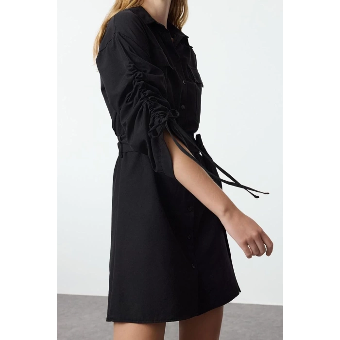 Womens Fashion Stylish Mini Length Shirt Collar Regular Pocket and Gather Detailed Woven Shirt Dress