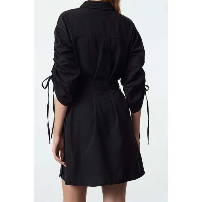 Womens Fashion Stylish Mini Length Shirt Collar Regular Pocket and Gather Detailed Woven Shirt Dress
