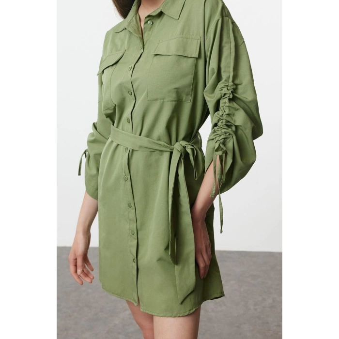 Womens Fashion Stylish Mini Length Shirt Collar Regular Pocket and Gather Detailed Woven Shirt Dress