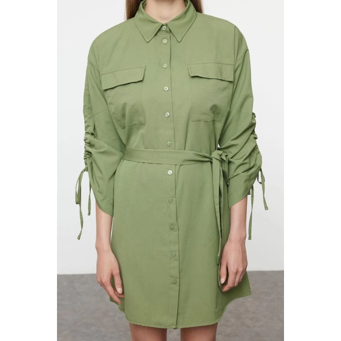 Womens Fashion Stylish Mini Length Shirt Collar Regular Pocket and Gather Detailed Woven Shirt Dress