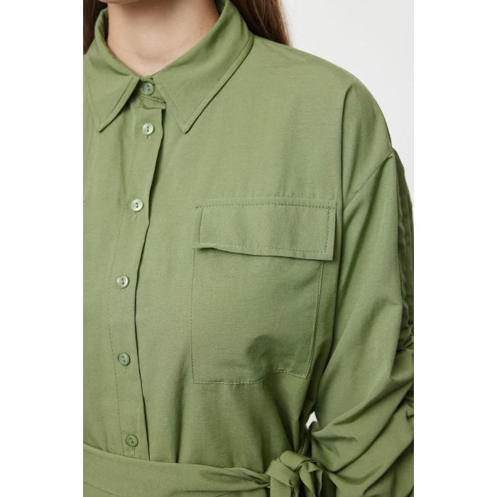 Womens Fashion Stylish Mini Length Shirt Collar Regular Pocket and Gather Detailed Woven Shirt Dress