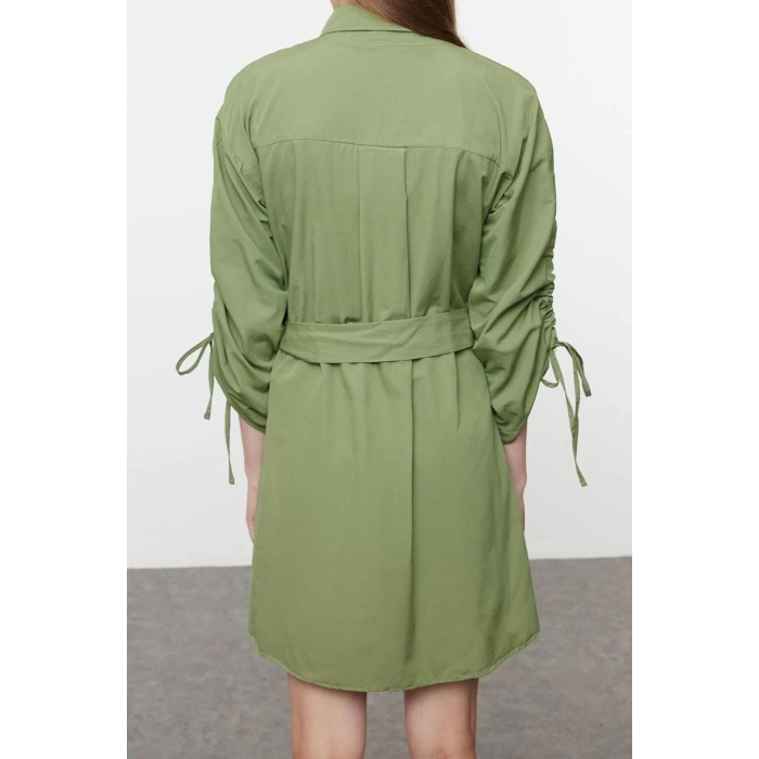 Womens Fashion Stylish Mini Length Shirt Collar Regular Pocket and Gather Detailed Woven Shirt Dress