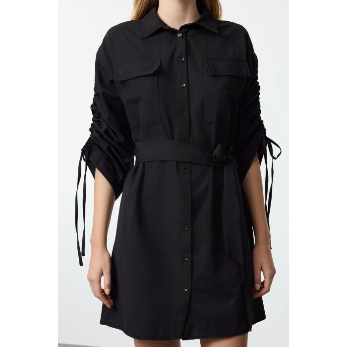 Womens Fashion Stylish Mini Length Shirt Collar Regular Pocket and Gather Detailed Woven Shirt Dress
