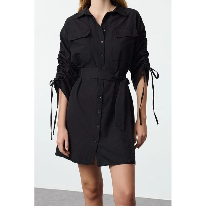 Womens Fashion Stylish Mini Length Shirt Collar Regular Pocket and Gather Detailed Woven Shirt Dress