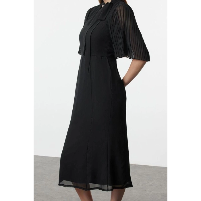 Womens Midi Length Stand Collar Pleated Sleeves Tied Collar A Cut Lined Chiffon Woven Winter Dress