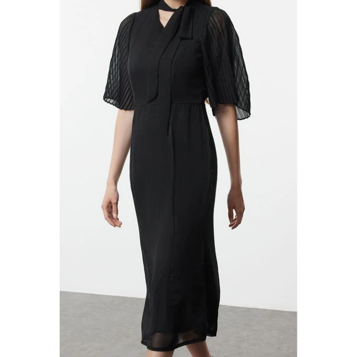 Womens Midi Length Stand Collar Pleated Sleeves Tied Collar A Cut Lined Chiffon Woven Winter Dress