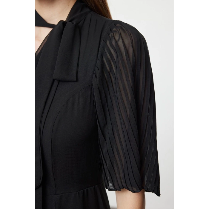 Womens Midi Length Stand Collar Pleated Sleeves Tied Collar A Cut Lined Chiffon Woven Winter Dress