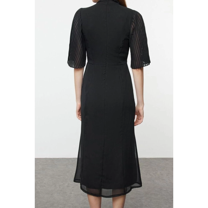 Womens Midi Length Stand Collar Pleated Sleeves Tied Collar A Cut Lined Chiffon Woven Winter Dress