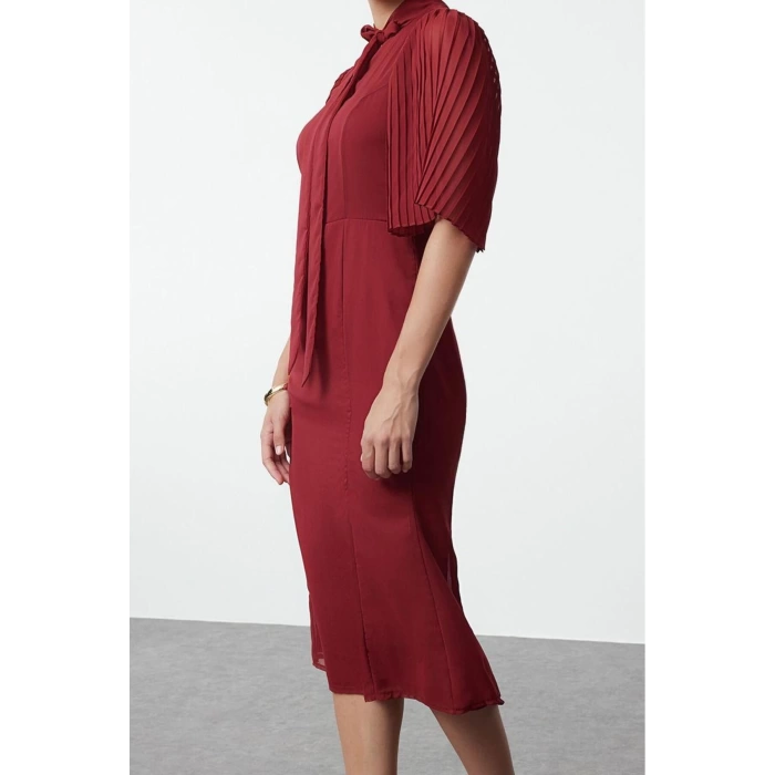 Womens Midi Length Stand Collar Pleated Sleeves Tied Collar A Cut Lined Chiffon Woven Winter Dress