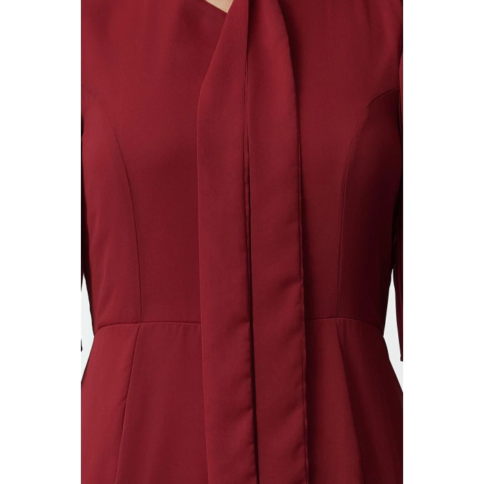 Womens Midi Length Stand Collar Pleated Sleeves Tied Collar A Cut Lined Chiffon Woven Winter Dress