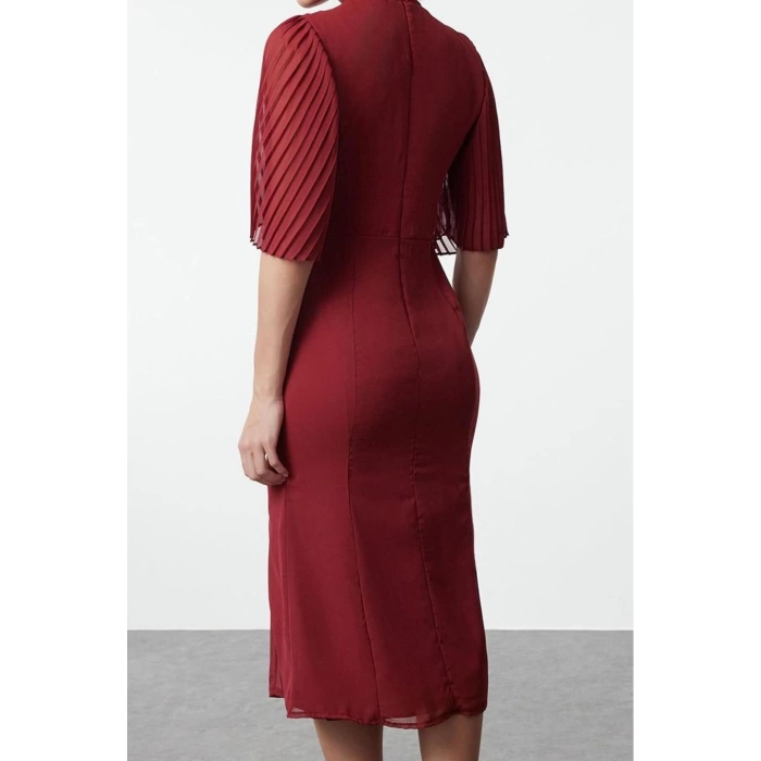 Womens Midi Length Stand Collar Pleated Sleeves Tied Collar A Cut Lined Chiffon Woven Winter Dress