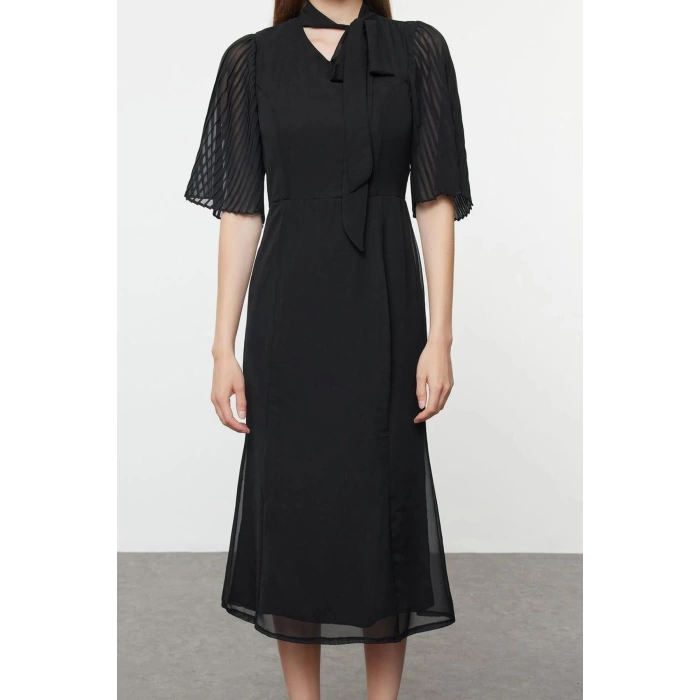 Womens Midi Length Stand Collar Pleated Sleeves Tied Collar A Cut Lined Chiffon Woven Winter Dress