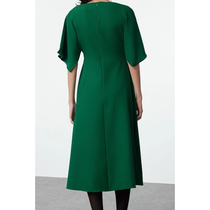 Women Fashion Stylish Midi Length V Neck Regular Angel Sleeve Detail A Cut Skirt Flounce Woven Dress
