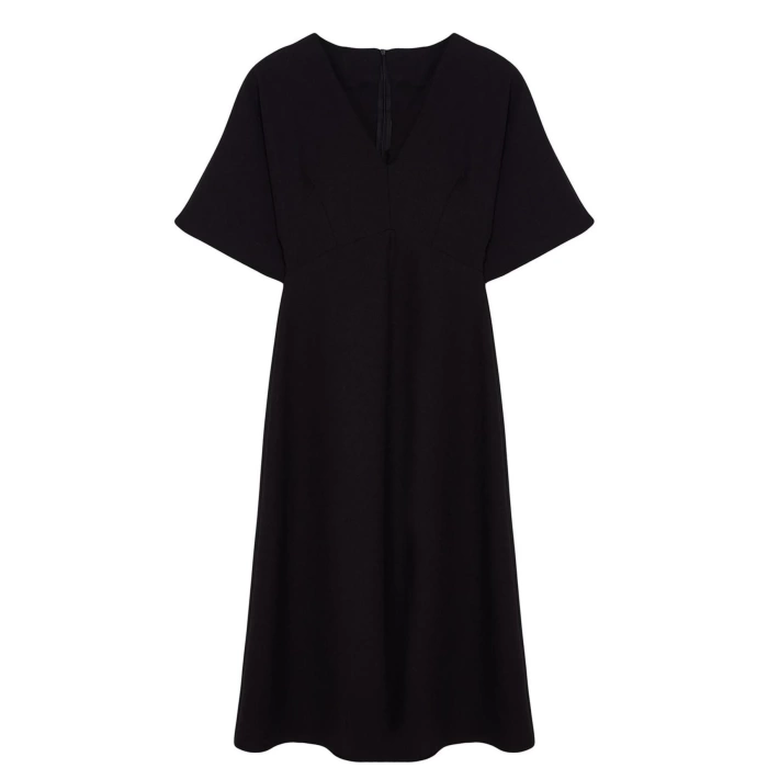Women Fashion Stylish Midi Length V Neck Regular Angel Sleeve Detail A Cut Skirt Flounce Woven Dress