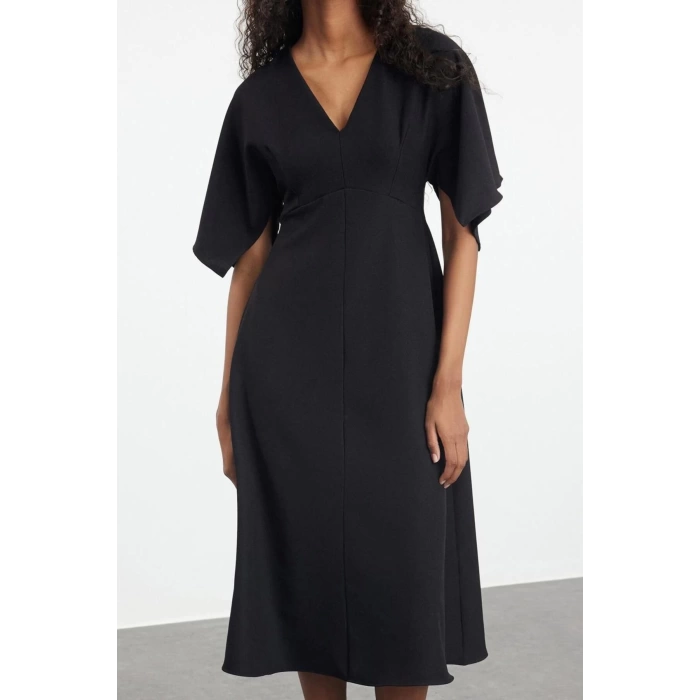 Women Fashion Stylish Midi Length V Neck Regular Angel Sleeve Detail A Cut Skirt Flounce Woven Dress