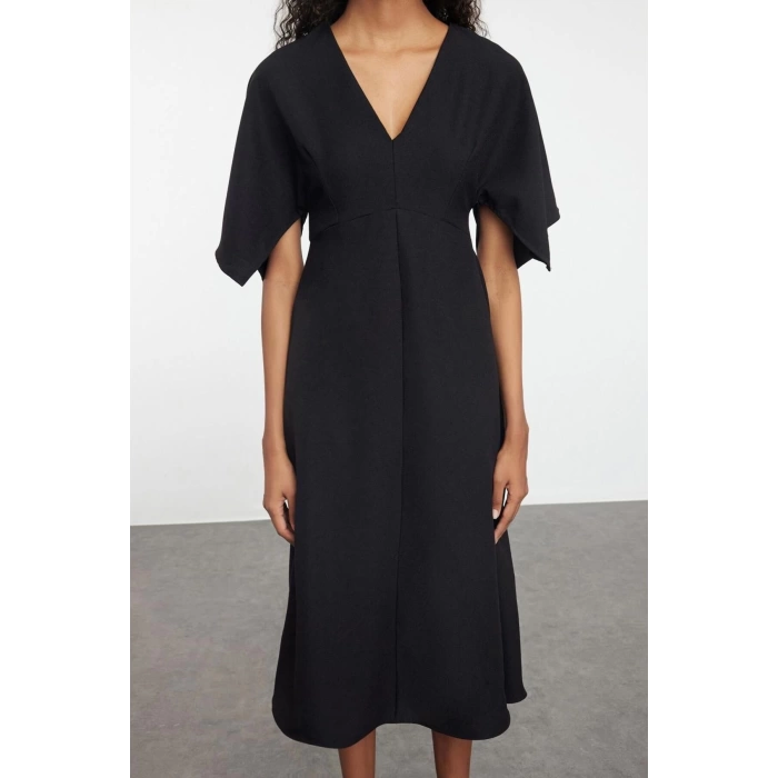 Women Fashion Stylish Midi Length V Neck Regular Angel Sleeve Detail A Cut Skirt Flounce Woven Dress