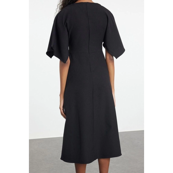 Women Fashion Stylish Midi Length V Neck Regular Angel Sleeve Detail A Cut Skirt Flounce Woven Dress