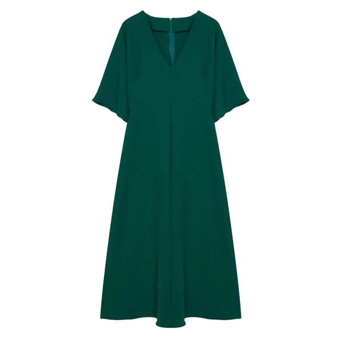 Women Fashion Stylish Midi Length V Neck Regular Angel Sleeve Detail A Cut Skirt Flounce Woven Dress