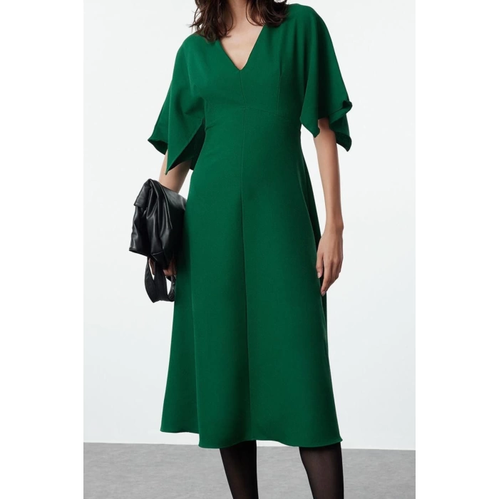 Women Fashion Stylish Midi Length V Neck Regular Angel Sleeve Detail A Cut Skirt Flounce Woven Dress