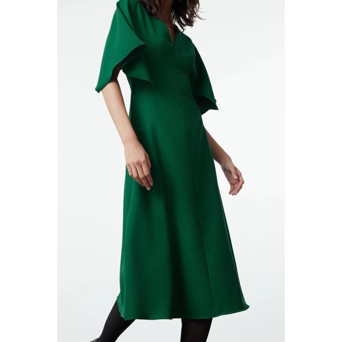 Women Fashion Stylish Midi Length V Neck Regular Angel Sleeve Detail A Cut Skirt Flounce Woven Dress