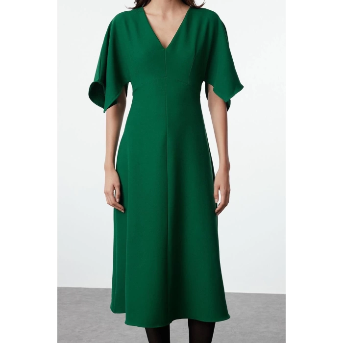 Women Fashion Stylish Midi Length V Neck Regular Angel Sleeve Detail A Cut Skirt Flounce Woven Dress
